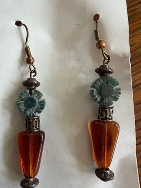 Amber Glass Drop Earrings with Green Floral Accents